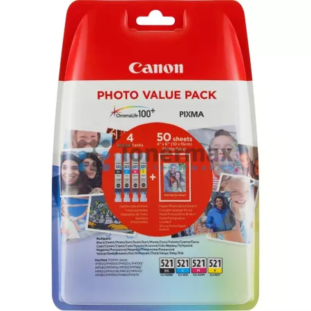 Cartridge Canon CLI-521 Bk/C/M/Y + 50 x Photo Paper PP-201, 2933B010