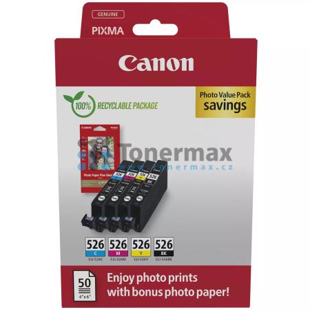 Canon CLI-526 Bk/C/M/Y + 50 x Photo Paper 10x15 cm, 4540B017, 4540B019, originální cartridge pro tiskárny Canon PIXMA MG5150, PIXMA MG5250, PIXMA MG5350, PIXMA MG6150, PIXMA MG6250, PIXMA MG8150, PIXMA MG8250, PIXMA MX715, PIXMA MX885, PIXMA MX895, PIXMA