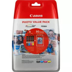 Canon CLI-551 Bk/C/M/Y + 50 x Photo Paper PP-201, 6508B005 Canon CLI-551 Bk/C/M/Y + 50 x Photo Paper PP-201, 6508B005