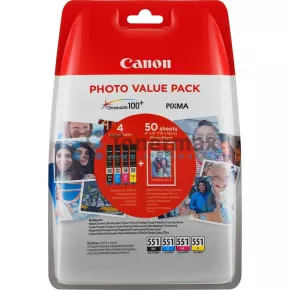 Canon CLI-551 Bk/C/M/Y + 50 x Photo Paper PP-201, 6508B005