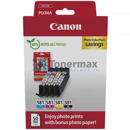 Canon CLI-581 Bk/C/M/Y + 50 x Photo Paper 10x15 cm, 2106C004, 2106C005, 2106C006, originální cartridge pro tiskárny Canon PIXMA TR7550, PIXMA TR8550, PIXMA TS705, PIXMA TS705a, PIXMA TS6150, PIXMA TS6151, PIXMA TS6250, PIXMA TS6251, PIXMA TS6350, PIXMA TS