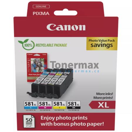 Canon CLI-581XL Bk/C/M/Y + 50 x Photo Paper 10x15 cm, 2052C004, 2052C006, originální cartridge pro tiskárny Canon PIXMA TR7550, PIXMA TR8550, PIXMA TS705, PIXMA TS705a, PIXMA TS6150, PIXMA TS6151, PIXMA TS6250, PIXMA TS6251, PIXMA TS6350, PIXMA TS6350a, P