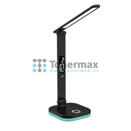 Stolní LED lampa Platinet PDL711RGBB s bezdrátovým Qi nabíjením a hodinami, černá